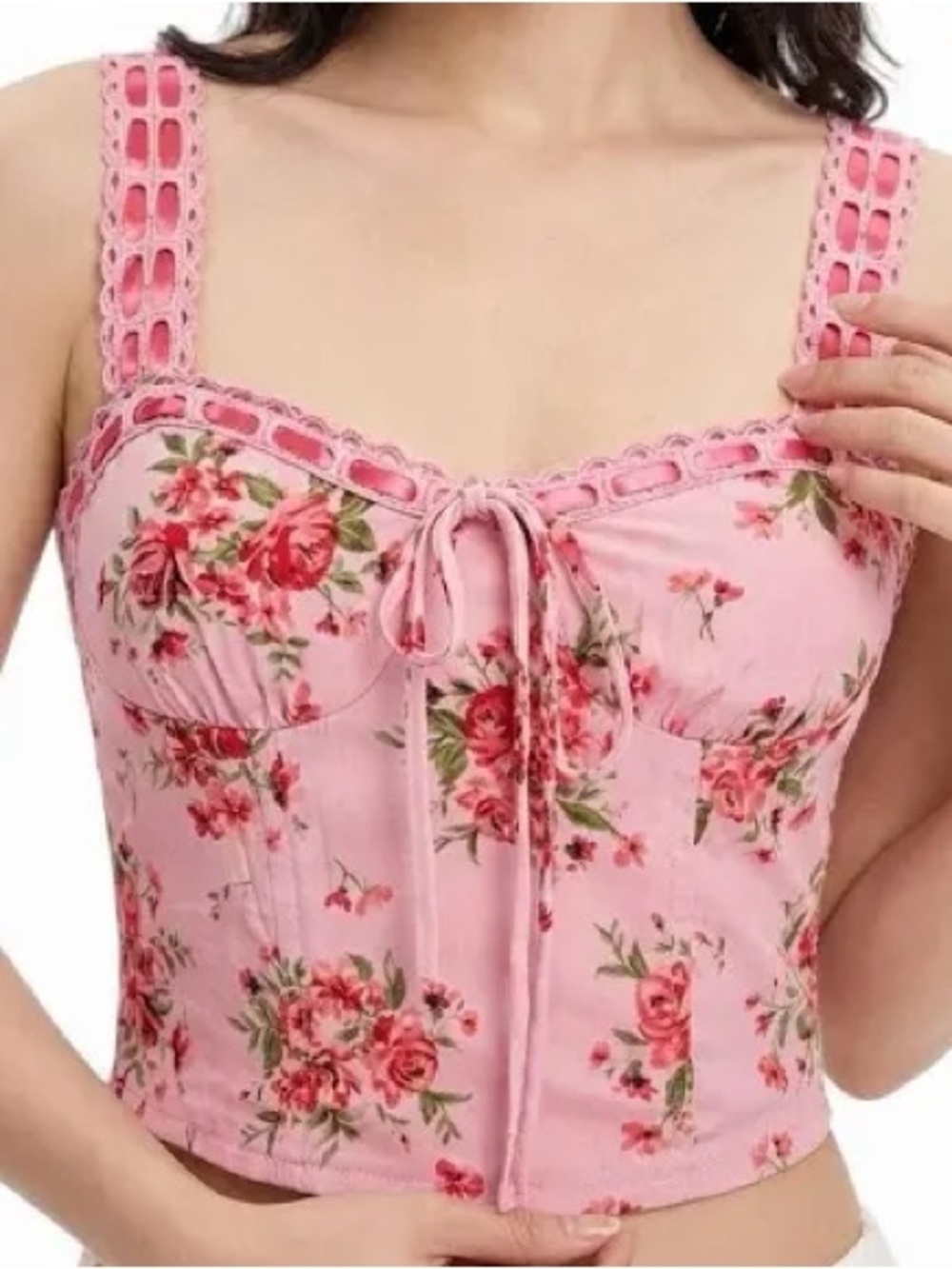 Floral Pink Corset Crop Top with Lace Straps